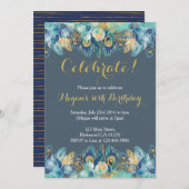 Boho Peacock Feather Gold en Navy Invitation Kaart (Voorkant / Achterkant)