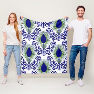 Boho Peacock Feather Jewel Tone-Blue Green Fleece Deken