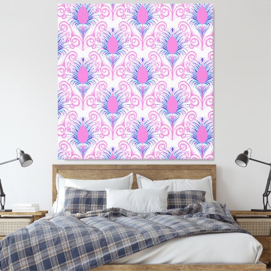 Boho Peacock Feather Jewel Tone-Neon Pink Canvas Afdruk (Insitu (Slaapkamer))