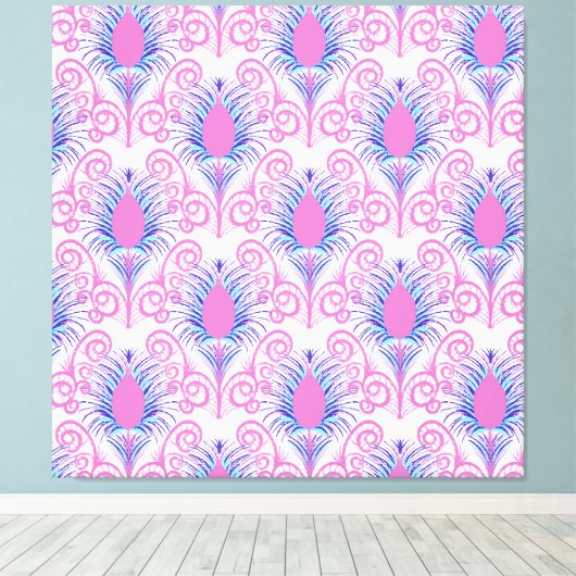 Boho Peacock Feather Jewel Tone-Neon Pink Canvas Afdruk (Insitu (Houten vloer))