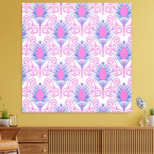 Boho Peacock Feather Jewel Tone-Neon Pink Canvas Afdruk (Insitu (Woonkamer))