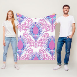 Boho Peacock Feather Jewel Tone-Neon Pink Fleece Deken