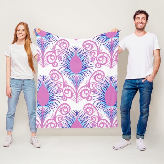 Boho Peacock Feather Jewel Tone-Neon Pink Fleece Deken (In situ)