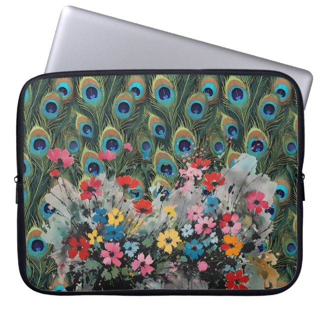 Boho Peacock Feathers And Wildflowers Laptop Sleeve (Voorkant)
