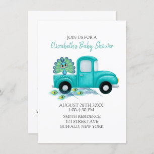 Boho Peacock Feathers Truck Baby shower Kaart