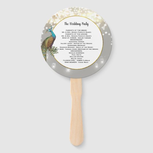Boho Peacock Gray Blauwgroen Gold Wedding Programm Handwaaier (Achterkant)