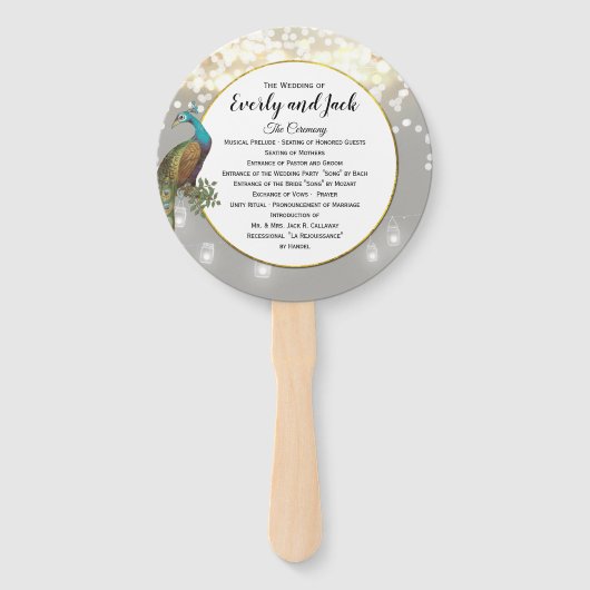 Boho Peacock Gray Blauwgroen Gold Wedding Programm Handwaaier (Voorkant)
