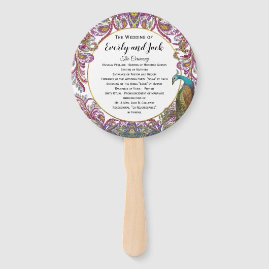 Boho Peacock Raspberry Blauwgroen Gold Wedding Pro Handwaaier (Voorkant)