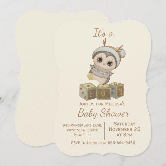 Boho Penguin Boy Baby shower Kaart (Voorkant / Achterkant)