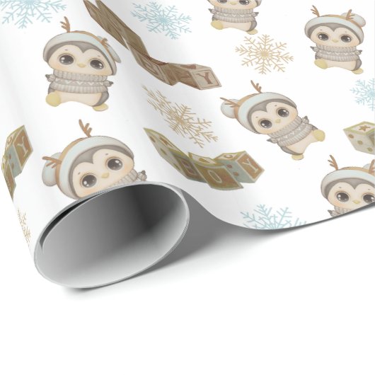 Boho Penguin en Snowflakes Baby Boy Cadeaupapier (Rol Hoek)
