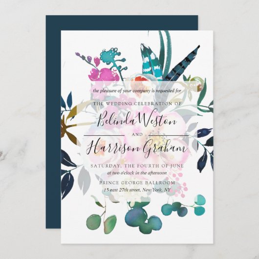 Boho Peonies Floral Wedding Invitation Kaart (Voorkant / Achterkant)