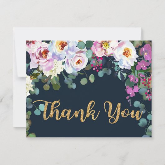 Boho Peonies Navy Floral Modern Dank je Bedankkaart (Voorkant)