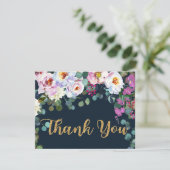 Boho Peonies Navy Floral Modern Dank je Bedankkaart (Staand voorkant)