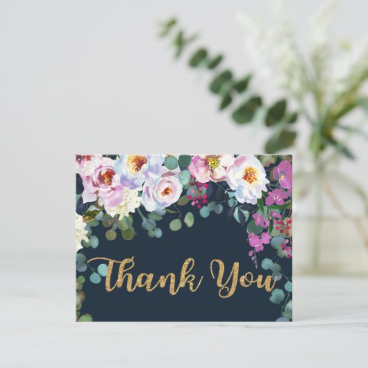 Boho Peonies Navy Floral Modern Dank je Bedankkaart (Staand voorkant)