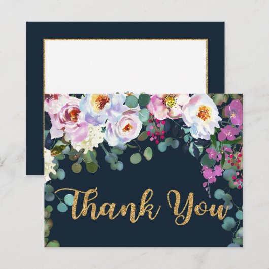 Boho Peonies Navy Floral Modern Dank je Bedankkaart (Voorkant / Achterkant)