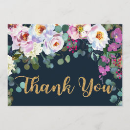 Boho Peonies Navy Gold Floral Modern Dank u Bedankkaart