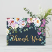 Boho Peonies Navy Gold Floral Modern Dank u Bedankkaart (Staand voorkant)