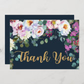 Boho Peonies Navy Gold Floral Modern Dank u Bedankkaart (Voorkant / Achterkant)
