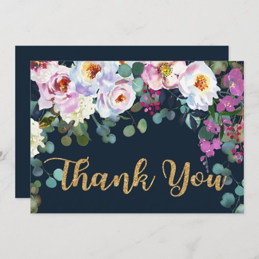 Boho Peonies Navy Gold Floral Modern Dank u Bedankkaart (Voorkant / Achterkant)