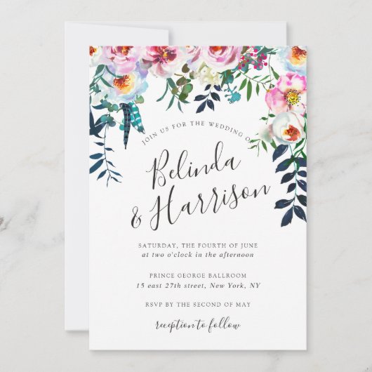 Boho Peonies Wedding Invitation Kaart (Voorkant)