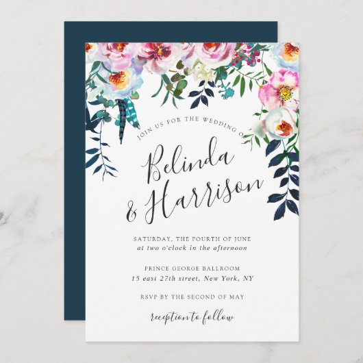 Boho Peonies Wedding Invitation Kaart (Voorkant / Achterkant)