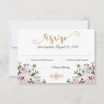 Boho Peony Navy Gold Modern Floral RSVP-kaart