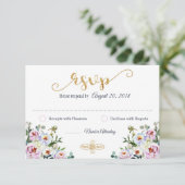 Boho Peony Navy Gold Modern Floral RSVP-kaart RSVP Kaartje (Staand voorkant)