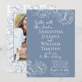 Boho Periwinkle Blue Floral Elegante Fotobruiloft Kaart