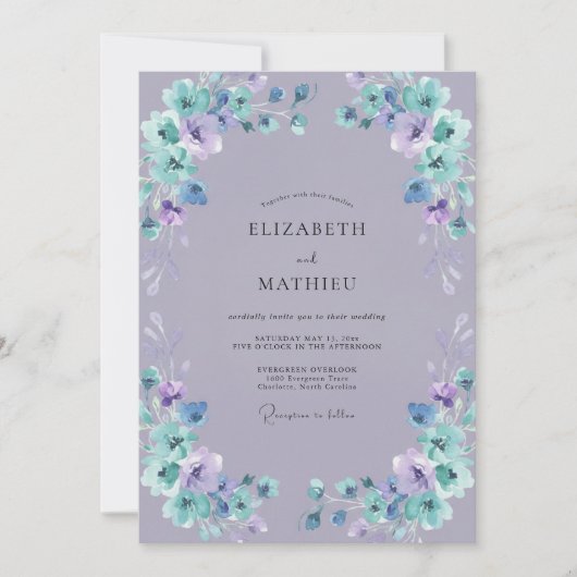 Boho Periwinkle Teal Geschilderde Trouw Kaart (Voorkant)