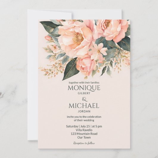 Boho perzik aardse bloemen alles in één bruiloft kaart (Voorkant)