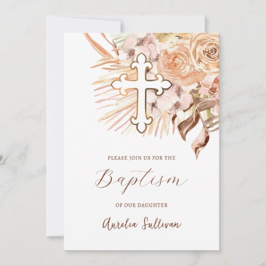 Boho Perzik Bloemen Doop Kaart (Voorkant)