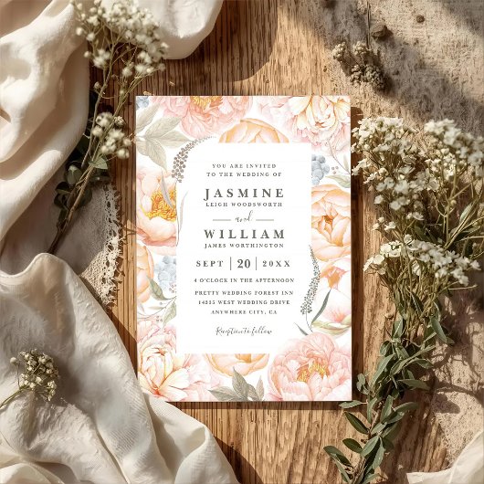 Boho Perzik Bloemen Krans QR Code Trouwen Kaart