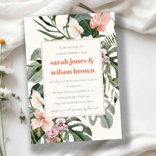 Boho perzik blush tropische bloemen koppels douche kaart