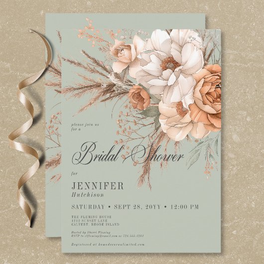 Boho Perzik & Crème Bloemengroen Bruiloft Feest Kaart