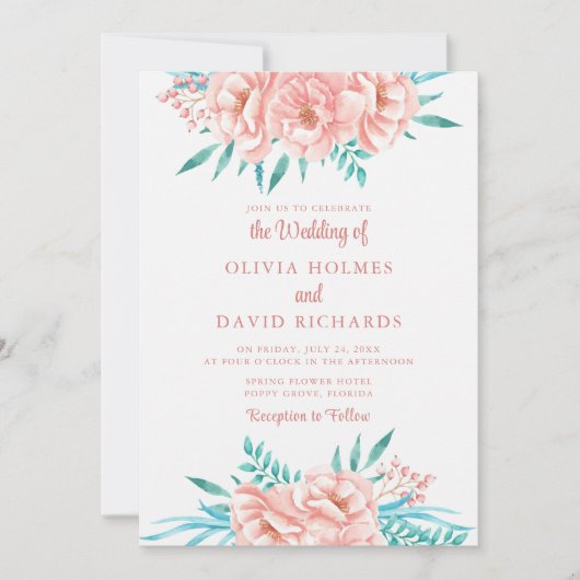 Boho Perzik en Roze Bloemen Bruiloft Uitnodiging (Voorkant)