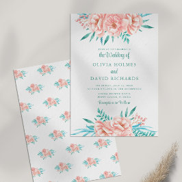 Boho Perzik en Turquoise Bloemen bruiloft uitnodig Kaart