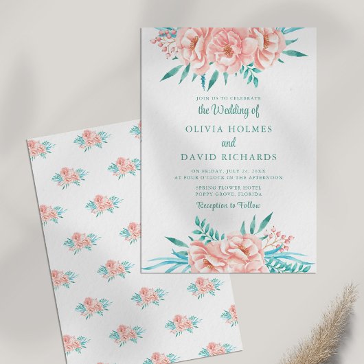 Boho Perzik en Turquoise Bloemen Trouw Uitnodiging