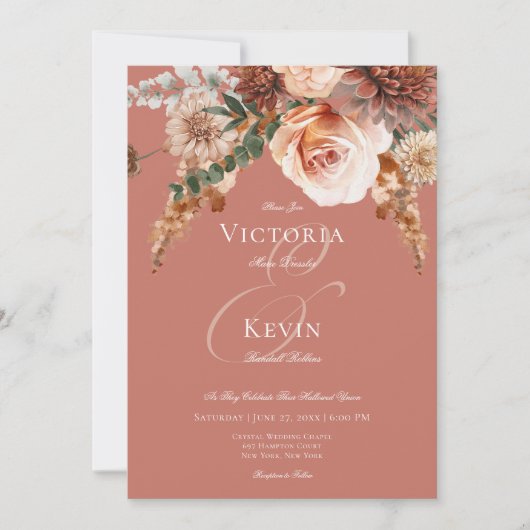 Boho perzik & roest bloemenroest bruiloft kaart (Voorkant)