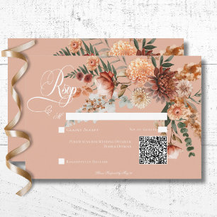 Boho perzik & roest bloemperzik blush QR-code RSVP Kaartje