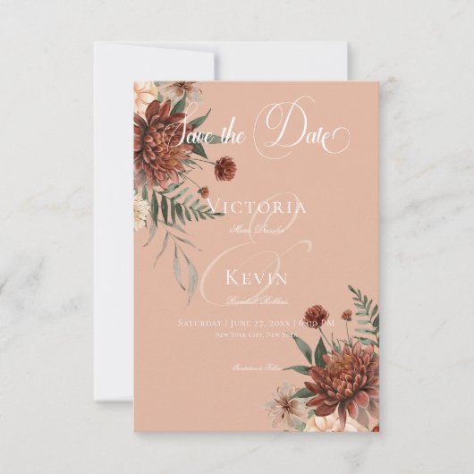 Boho Perzik & Rust Bloemen Perzik Blush Bruiloft Save The Date (Voorkant)