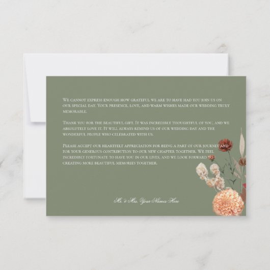 Boho Perzik & Rust Bloemen Salie Groen Bruiloft Bedankkaart (Achterkant)