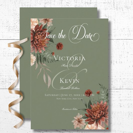 Boho Perzik & Rust Bloemen Salie Groen Bruiloft Save The Date
