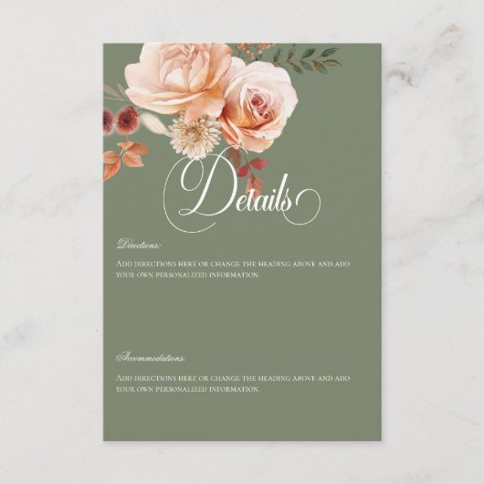 Boho Perzik & Rust Bloemen Salie Groen Details Informatiekaartje (Voorkant)