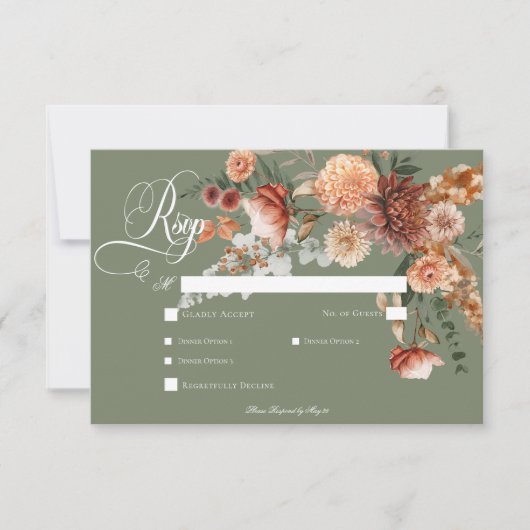 Boho Perzik & Rust Bloemen Salie Groen diner RSVP Kaartje (Voorkant)