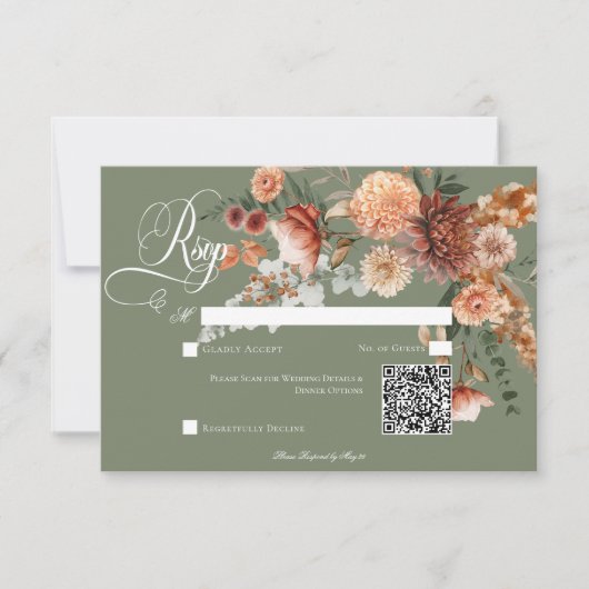 Boho Perzik & Rust Bloemen Salie Groen QR Code RSVP Kaartje (Voorkant)