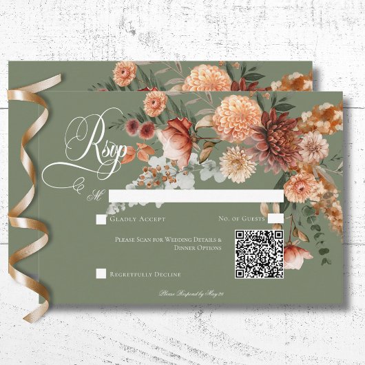 Boho Perzik & Rust Bloemen Salie Groen QR Code RSVP Kaartje