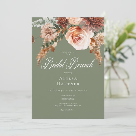 Boho Perzik & Rust Bloemen Salie Groene Bruids Bru Kaart (Staand voorkant)