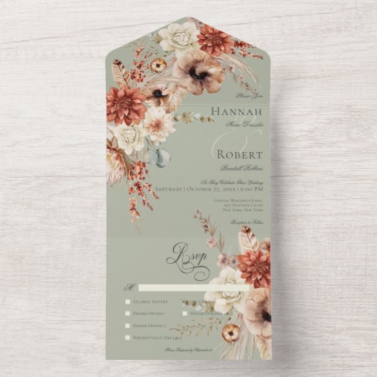 Boho Perzik & Rust Bloemen & Veer Groen Diner All In One Uitnodiging (Binnen)