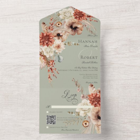 Boho Perzik & Rust Bloemen & Veer Groene QR Code All In One Uitnodiging (Binnen)
