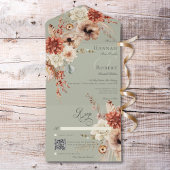 Boho Perzik & Rust Bloemen & Veer Groene QR Code All In One Uitnodiging